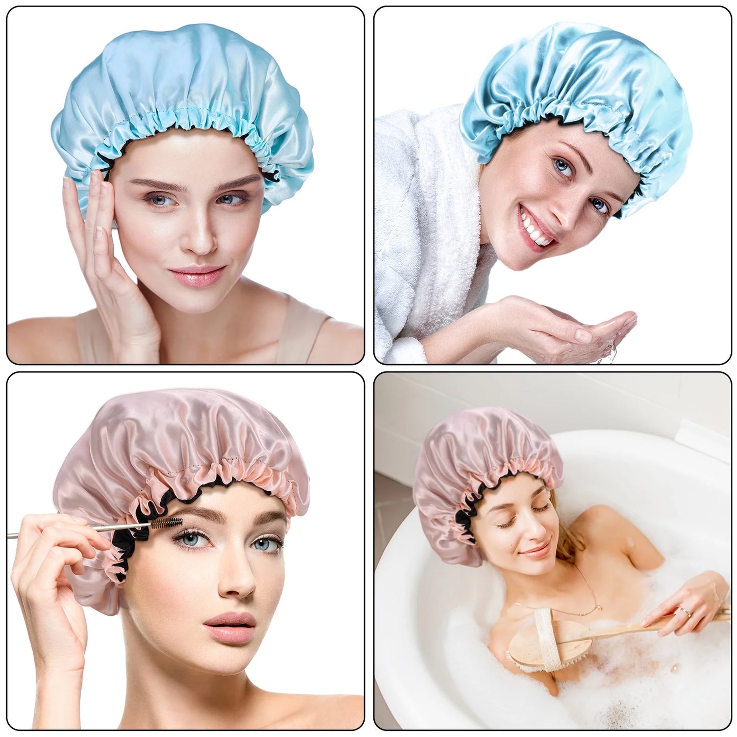 2 Pcs Double Layer Waterproof Silk Bonnet, Adjustable Satin Hair Night Caps, Head Wraps for Women Sleeping Shower Long Hair, Curly Hair(Sky Blue,Pink)