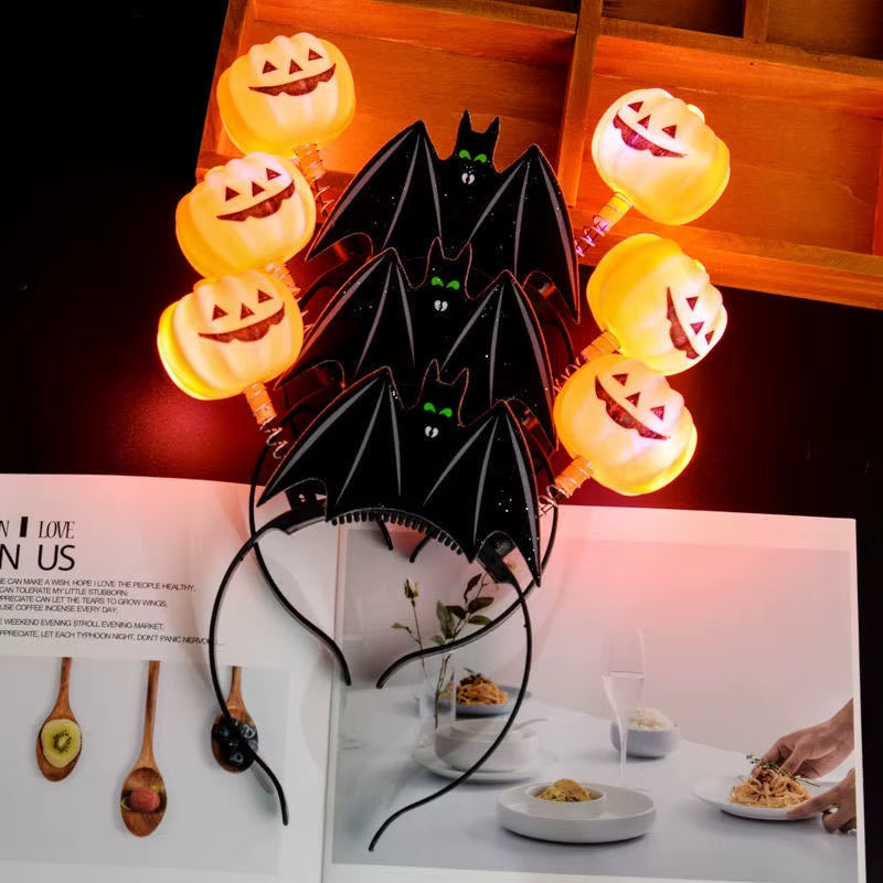 Glowing Halloween Pumpkin Headband Halloween Dress up Party Skull Headdress Led Bats Fiber Hairband for Costume Parties