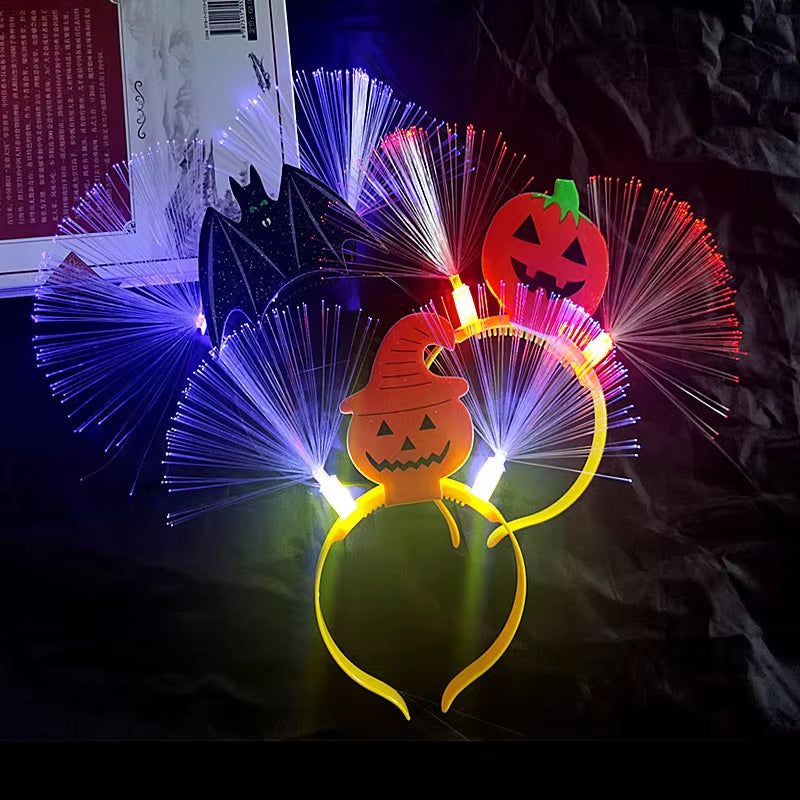 Glowing Halloween Pumpkin Headband Halloween Dress up Party Skull Headdress Led Bats Fiber Hairband for Costume Parties