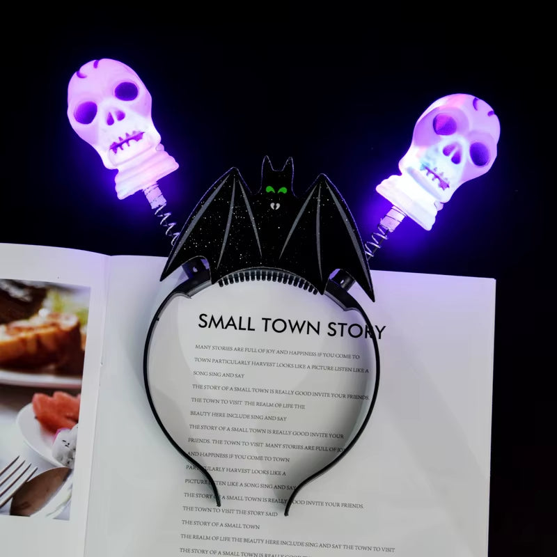 Glowing Halloween Pumpkin Headband Halloween Dress up Party Skull Headdress Led Bats Fiber Hairband for Costume Parties